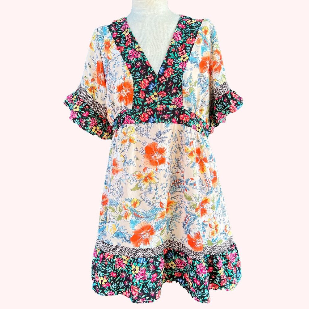 Umgee Mixed Floral Print Short Dress Multicolor Summer Boho Bright